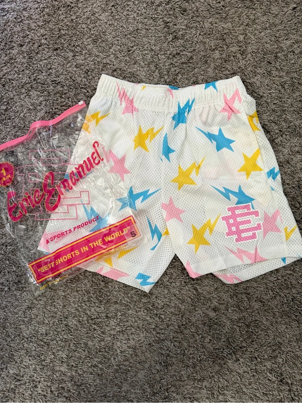 Eric Emanuel White Mesh Shorts with Pink Yellow and Blue Star Pattern